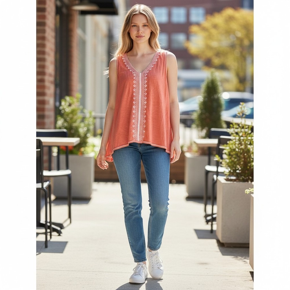 Max Studio Womens Coral Embroidered V-Neck Sleeveless Cotton Tank Top Size M